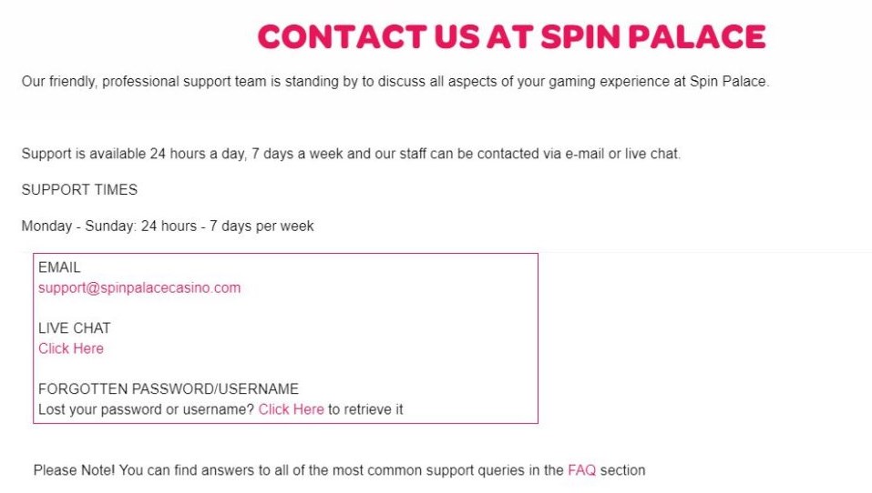 spin palace contact